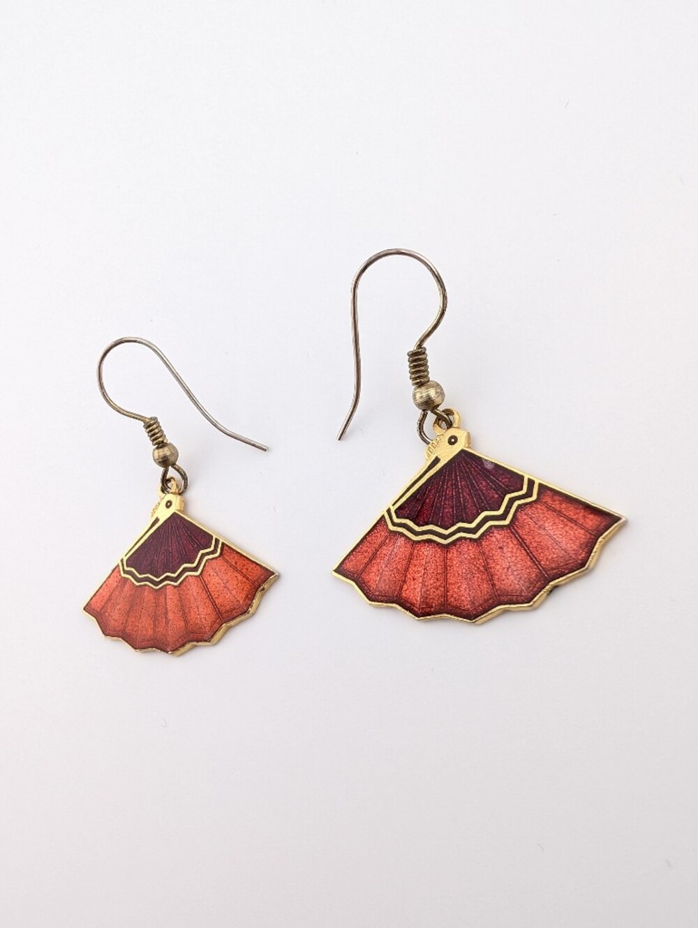 Vintage Cloisonne Fan Gold Earrings - Classic Estate Jewelry - Picture 2 of 6